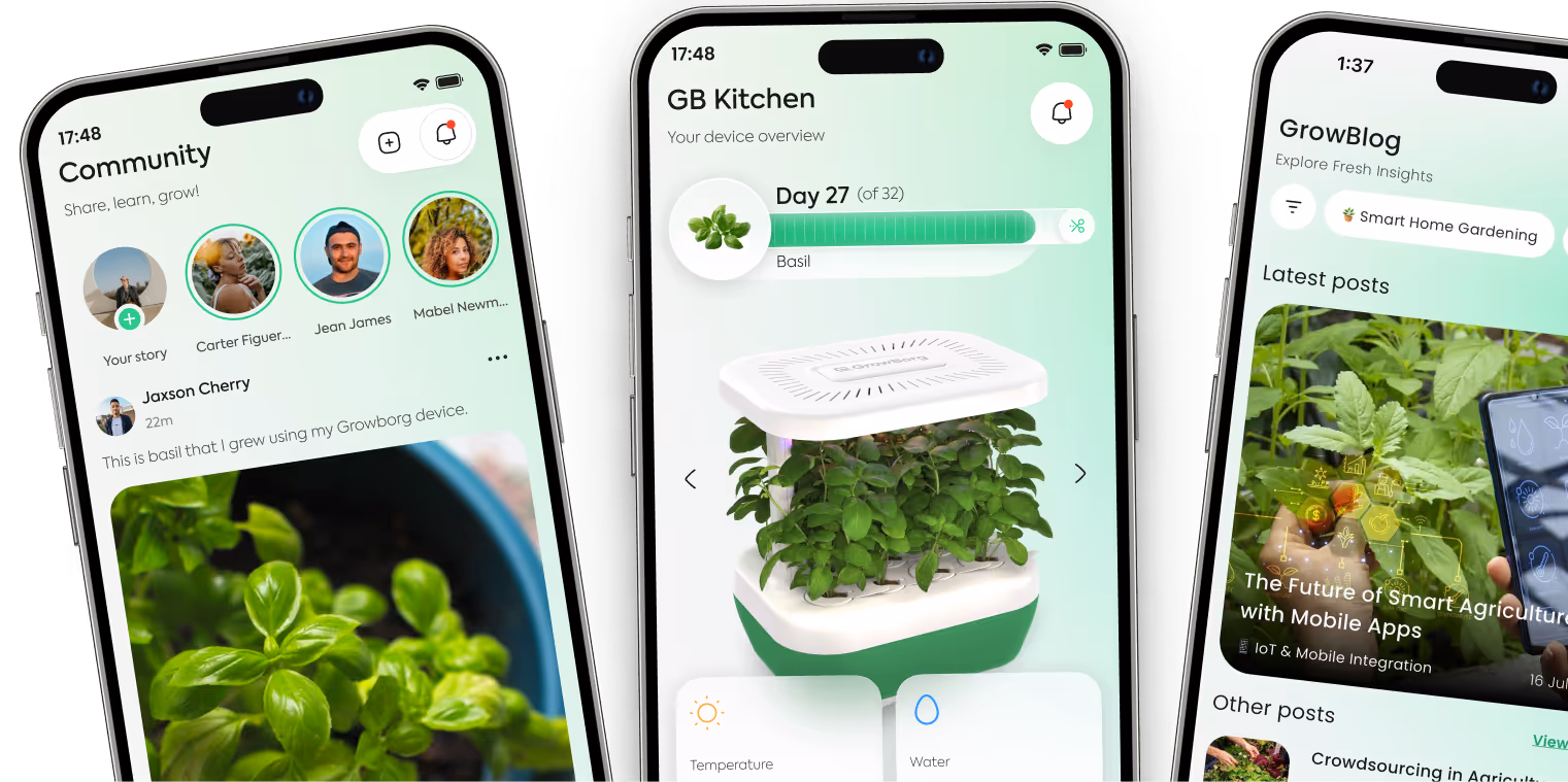 Three smartphones showing community posts, a smart indoor garden device with basil plant growth progress, and a blog about smart home gardening.