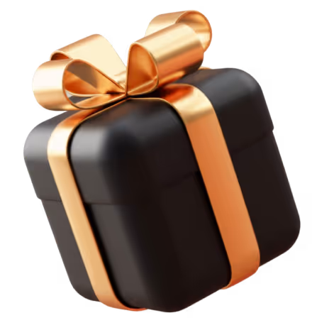 Black square gift box wrapped with a shiny gold ribbon and bow.