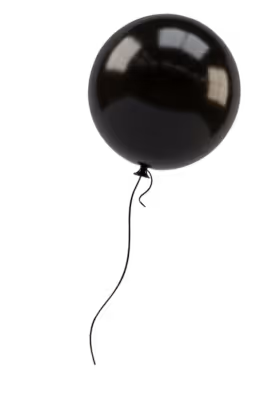 Shiny black helium balloon with a curled string against a transparent background.