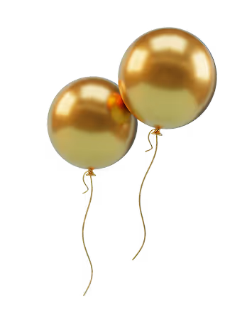 Two shiny gold helium balloons with curled ribbons floating.