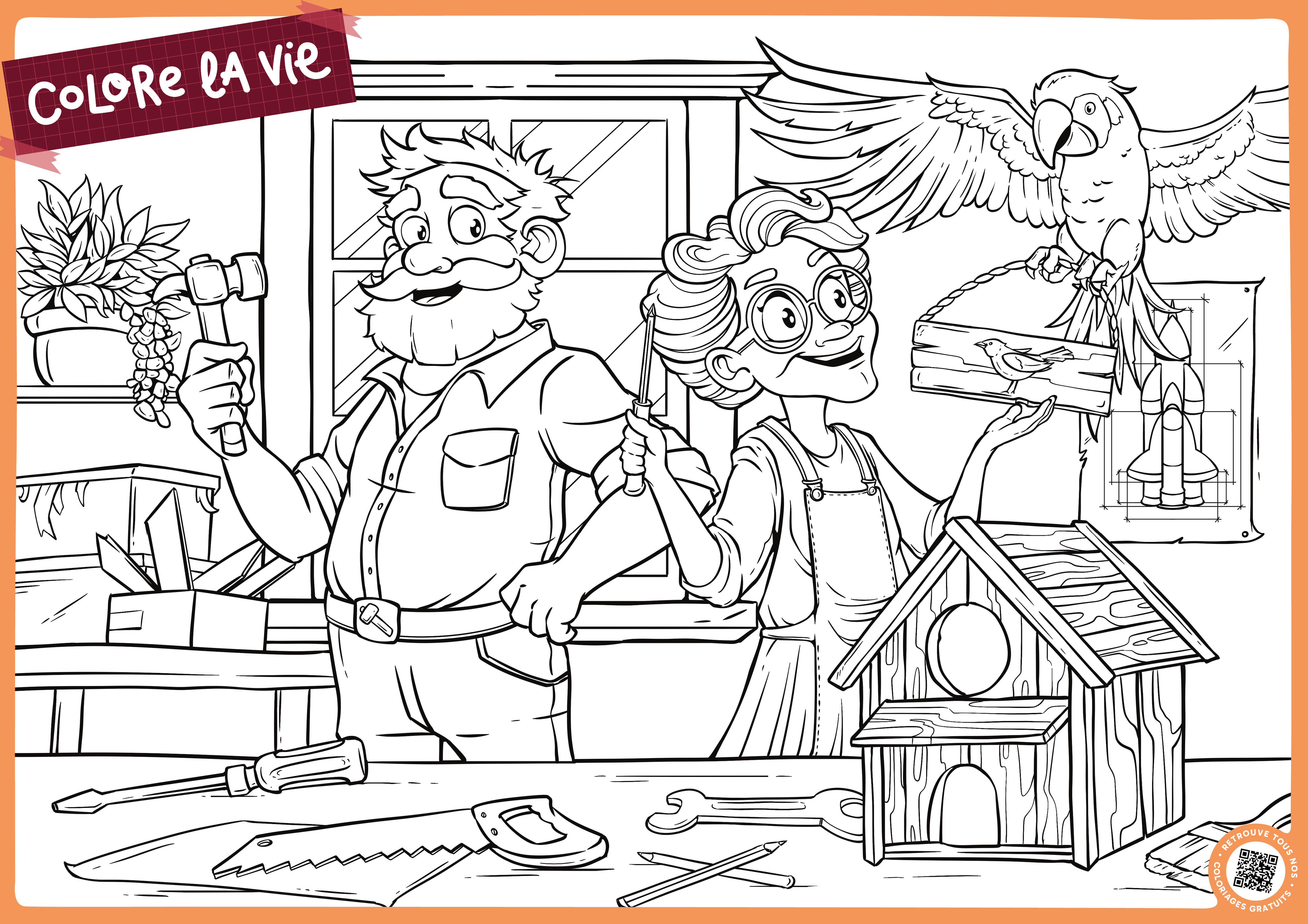 Un grand coloriage mettant en avant des grands parents dans leur atelier de bricolage