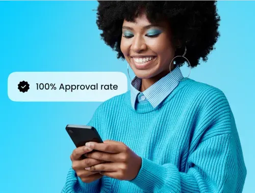 A woman holding a smart phone with the text 100 % approval rate.