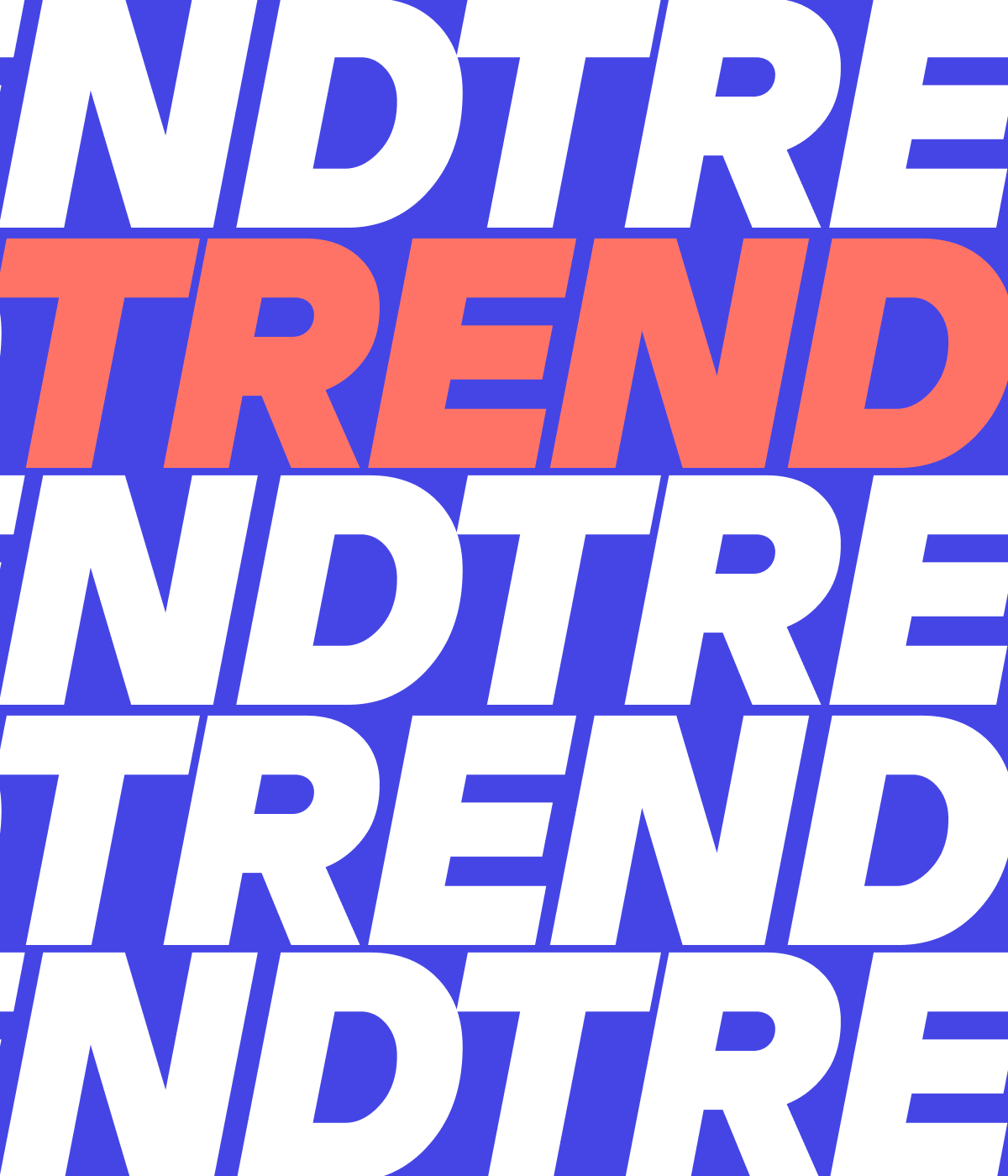 Modern typography design featuring the word 'TREND' in coral orange against a repetitive blue and white 'TREND' pattern background.