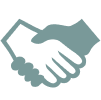 A handshake symbol is shown in a black and white image.
