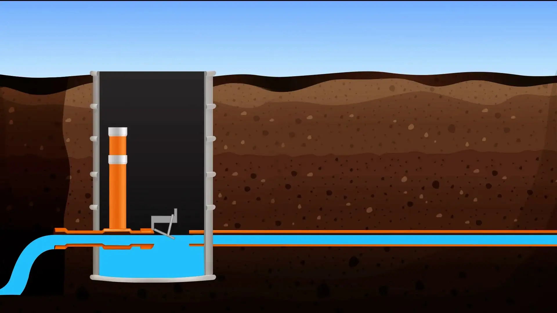 A blue waterway with a black pipe.
