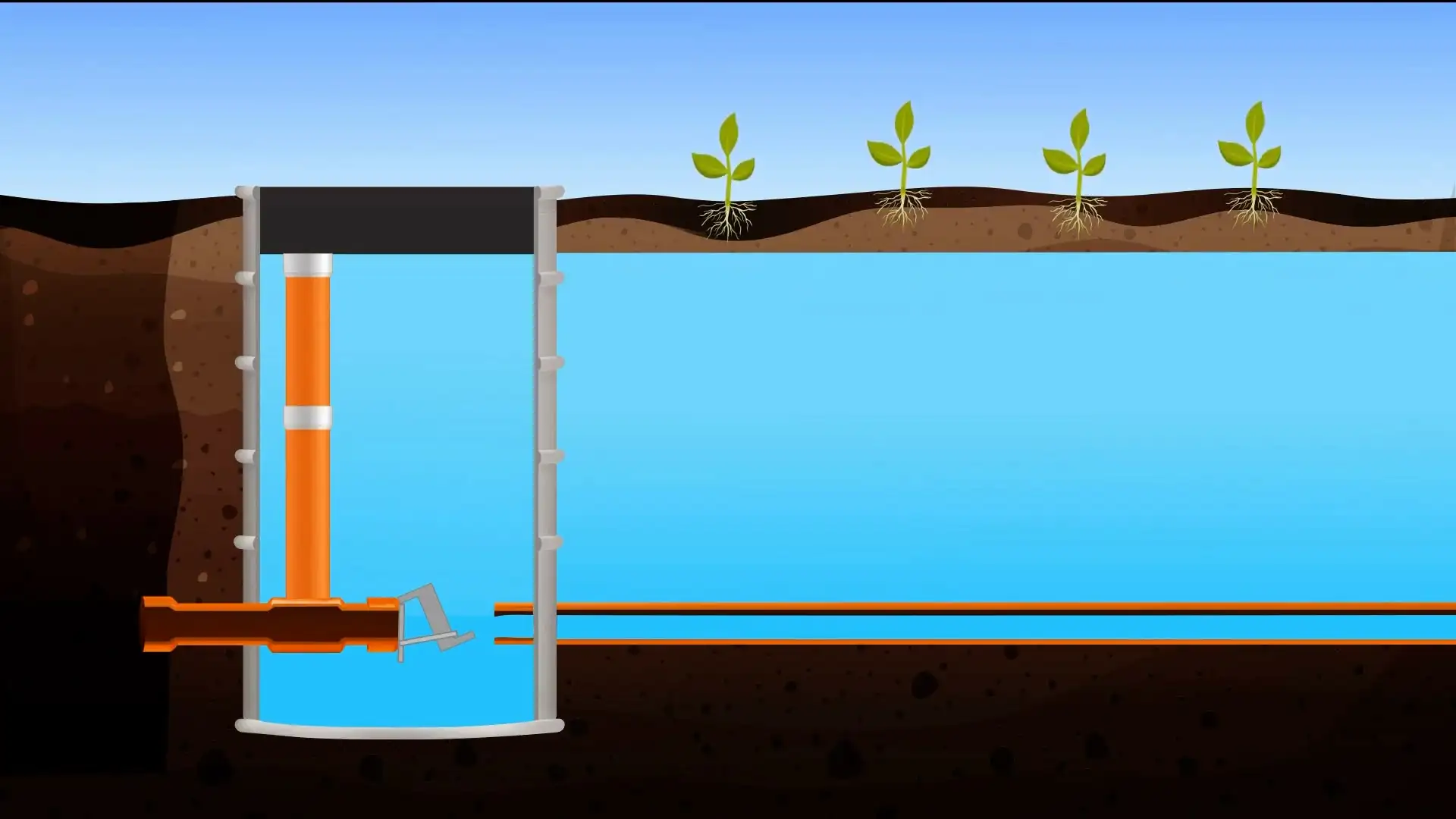 A blue water tank with a green plant growing in it.