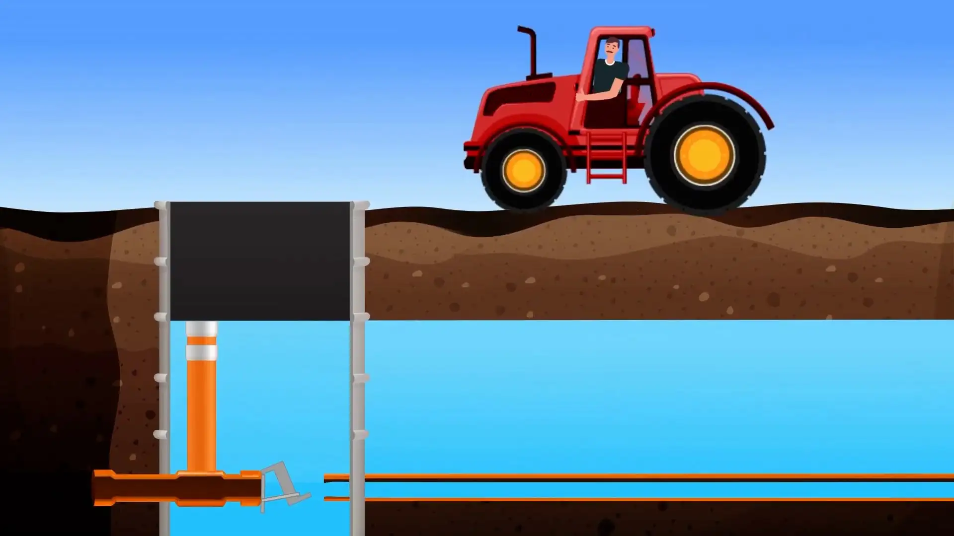 A cartoon of a tractor on a dirt road.