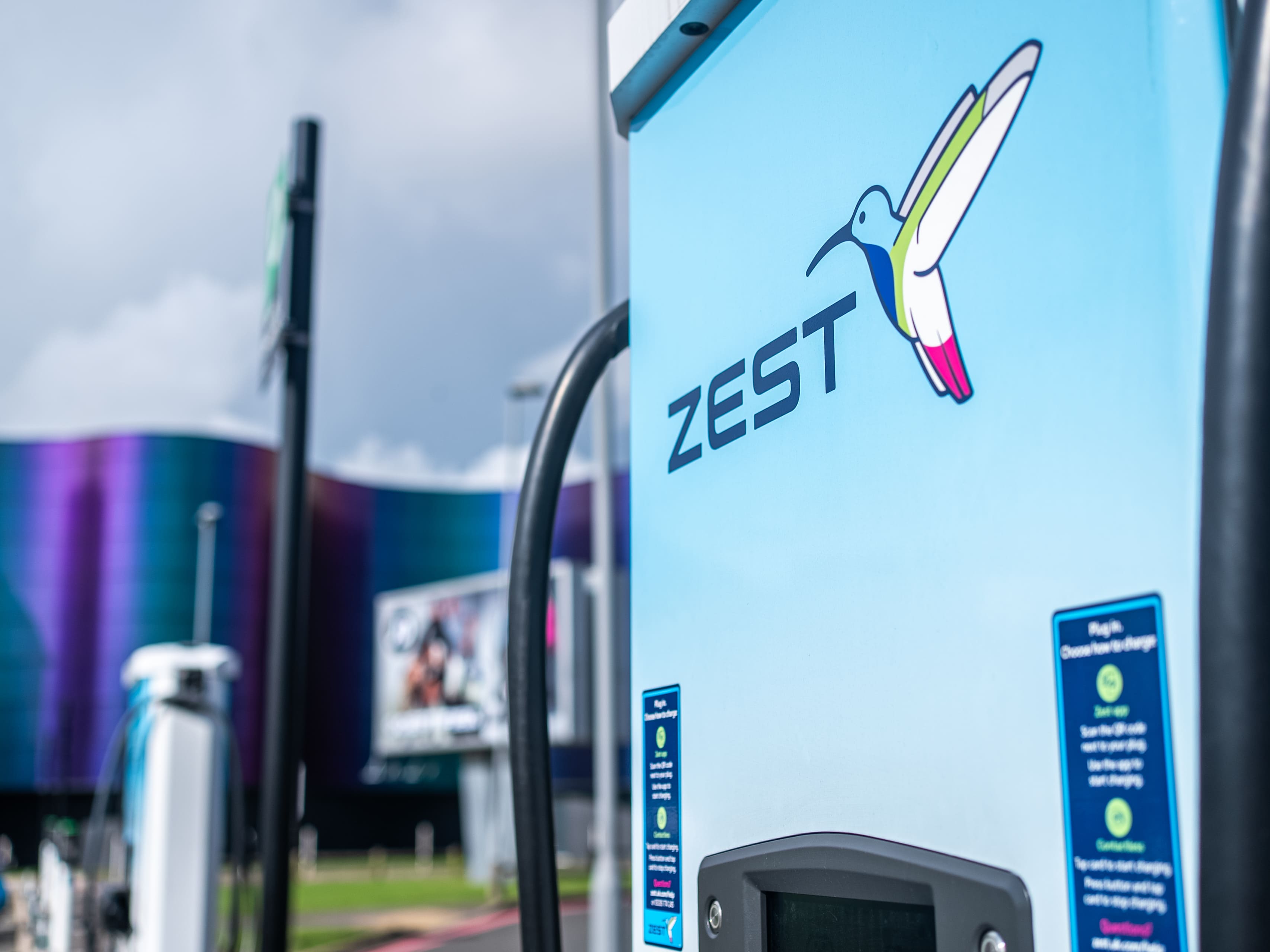 A close up of Zest's branding on an EV charger