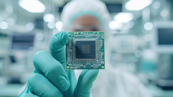 Gloved hand holding semiconductor chip for precision manufacturing.