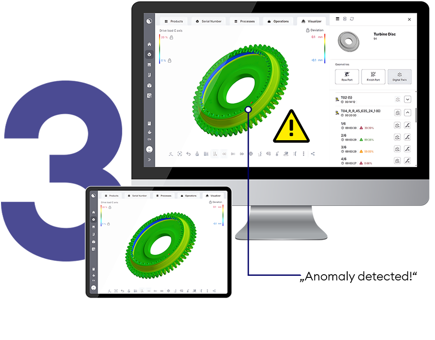 aptop and tablet displaying gear analysis with alert symbol, representing centralized data hub for monitoring and anomaly detection.