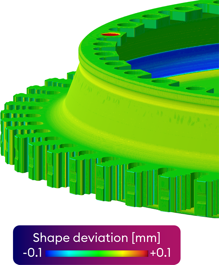 Gear visualization with color-coded shape deviation, illustrating the Technology Core