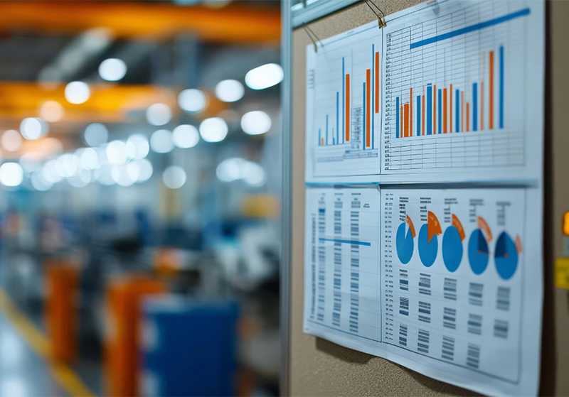 Factory floor with manual OEE monitoring on paper charts, delayed calculations and unclear causes for low machine efficiency