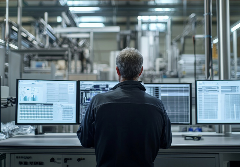 Factory worker facing multiple screens with scattered data systems causing limited accessibility and inefficient collaboration