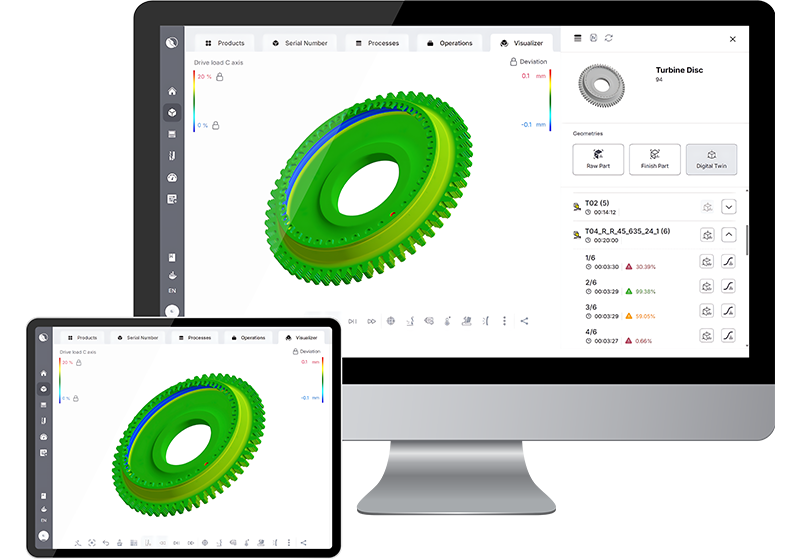 Digital twin management dashboard displayed on computer and tablet centralizing process and product data for universal team access