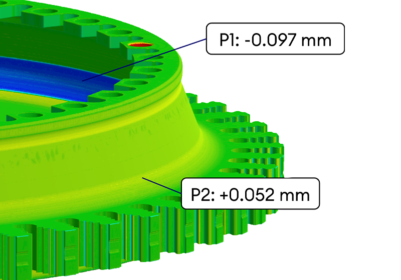 Digital twin quality assurance detecting shape deviation on CNC gear, highlighting measurement points and early error detection