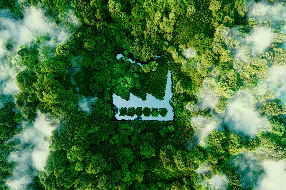 BIZ4GREEN visual showing a factory shape formed within a green forest, symbolizing sustainable industrial production and climate-neutral manufacturing
