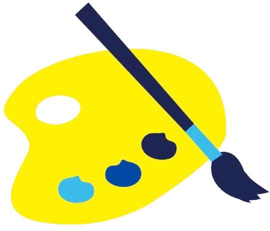Palette jaune avec trois taches de peinture bleue et un pinceau.