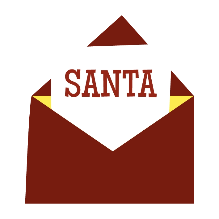 Une enveloppe rouge ouverte contenant une lettre blanche avec le mot « SANTA » en rouge.