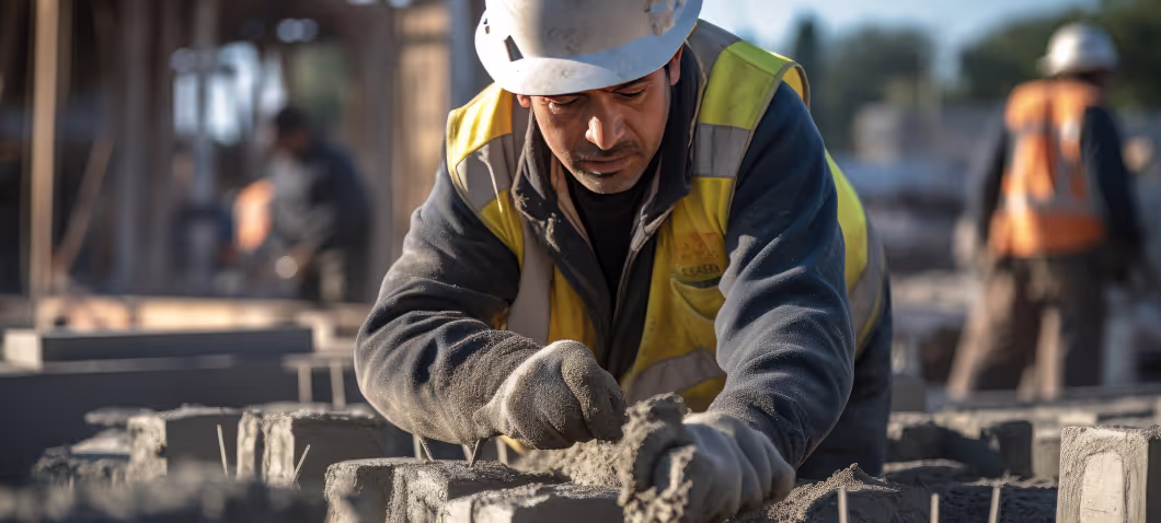 Tradesman working on block wall