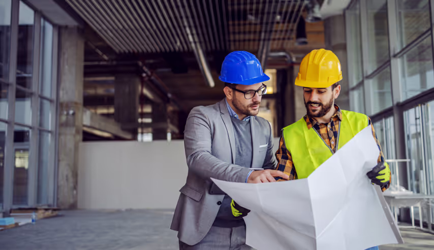 Two workers reviewing building plans