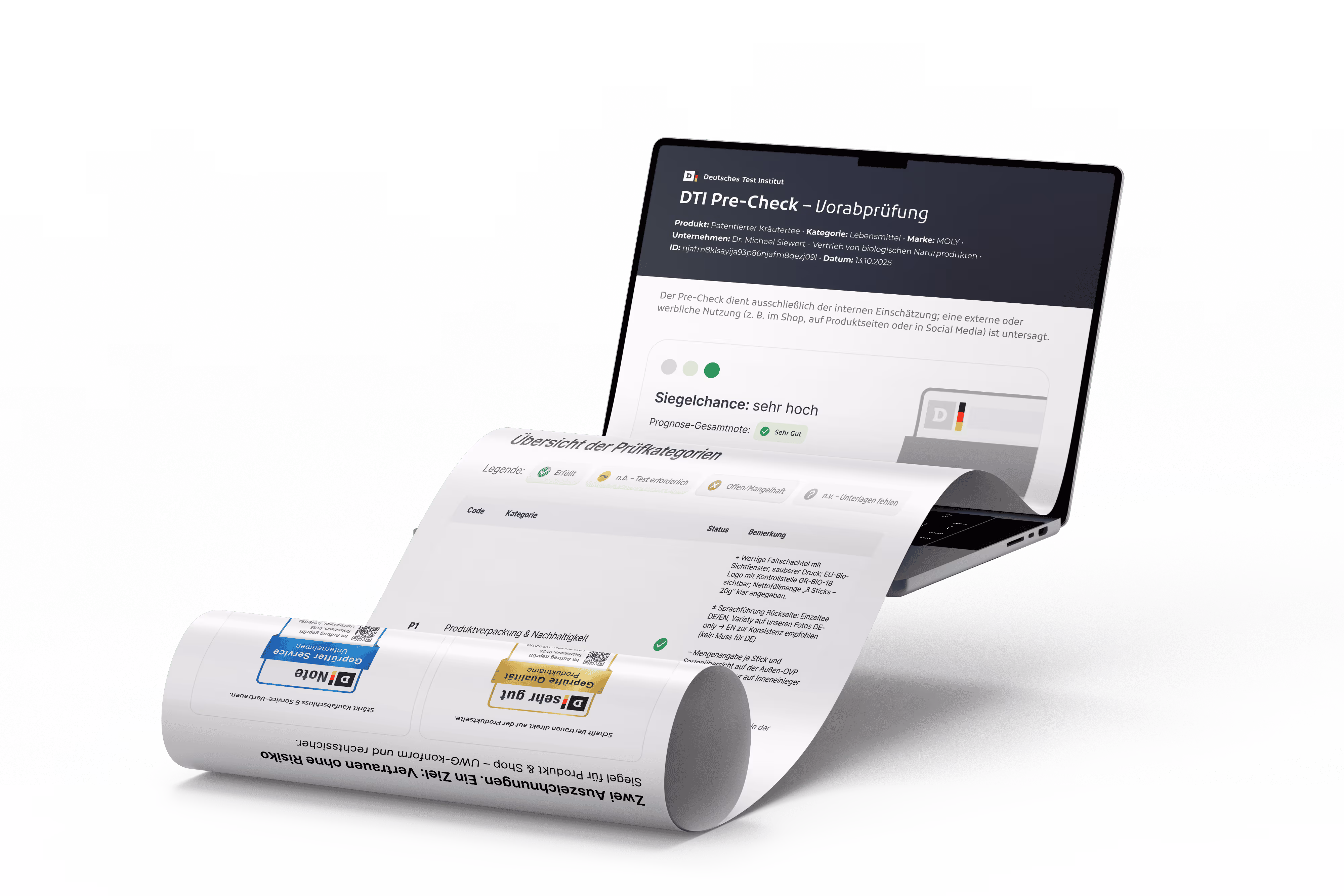 DTI Kostenloser Pre Check Notebook Laptop Mockup mit ausgerolltem PDF Dokument aus dem Display Screen