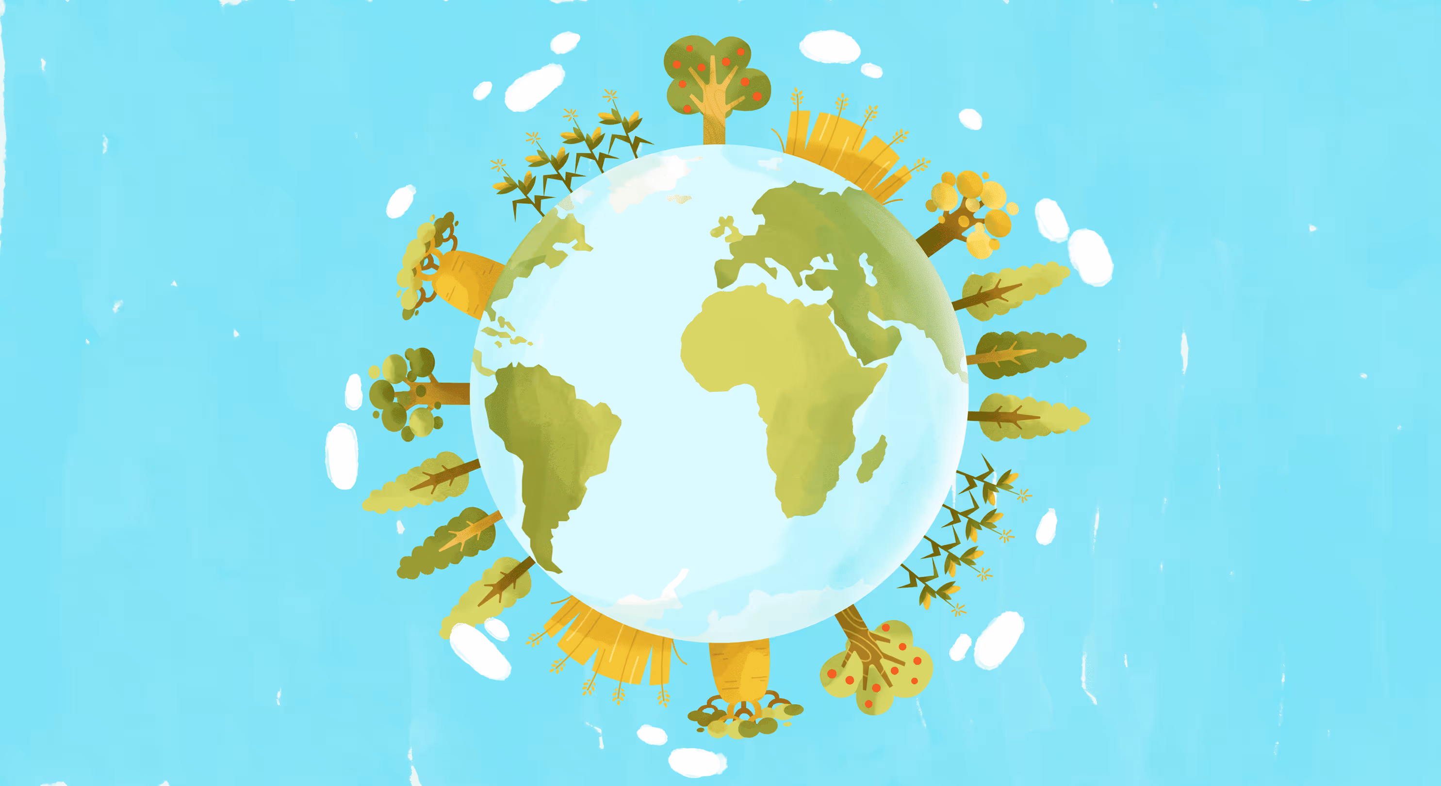 animation of the world with oversized tress around the edges
