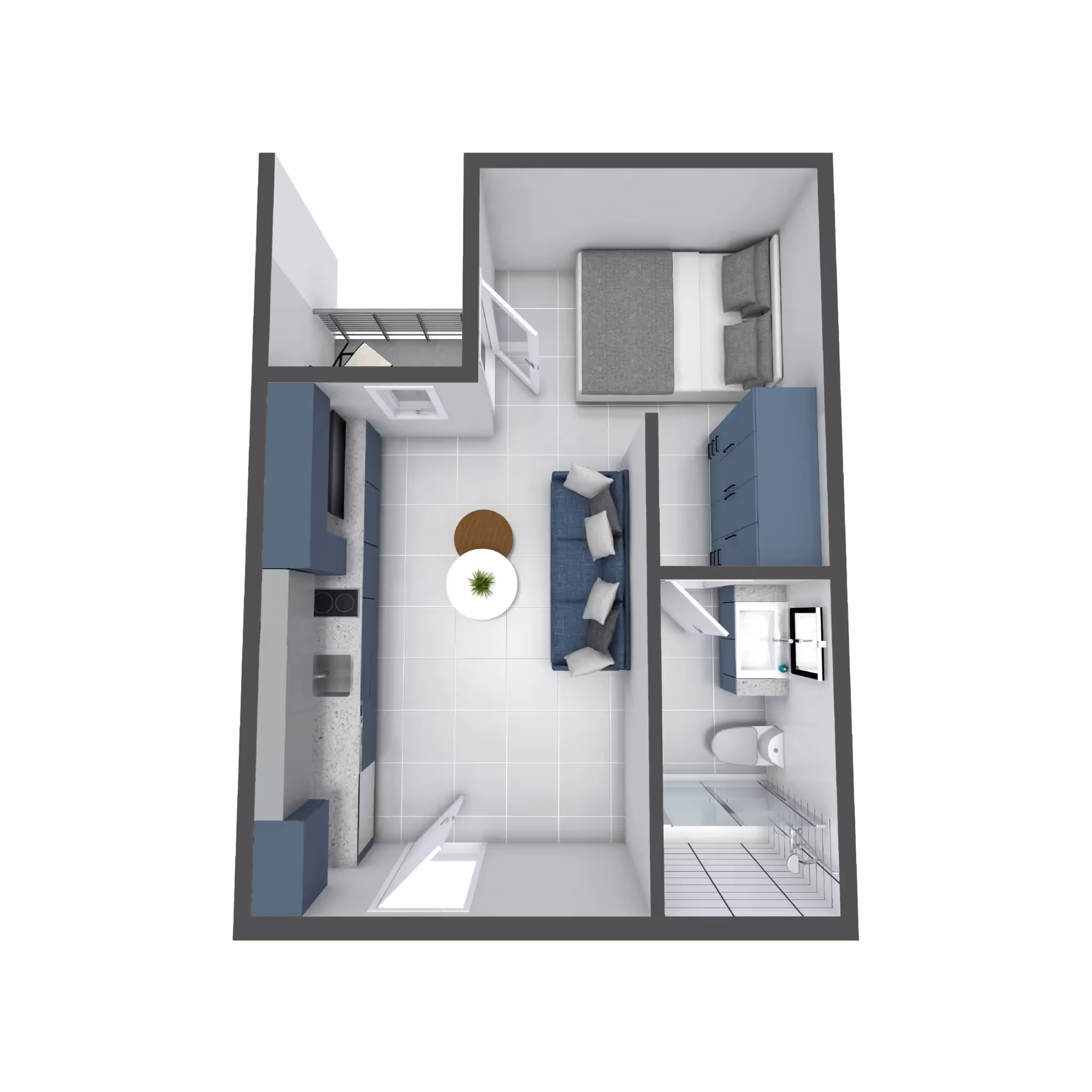 Studio apartment floor plan, Studio A, at aQui355 in Salt Lake City, UT, detailing kitchen, living space, bedroom area, and bathroom layout.