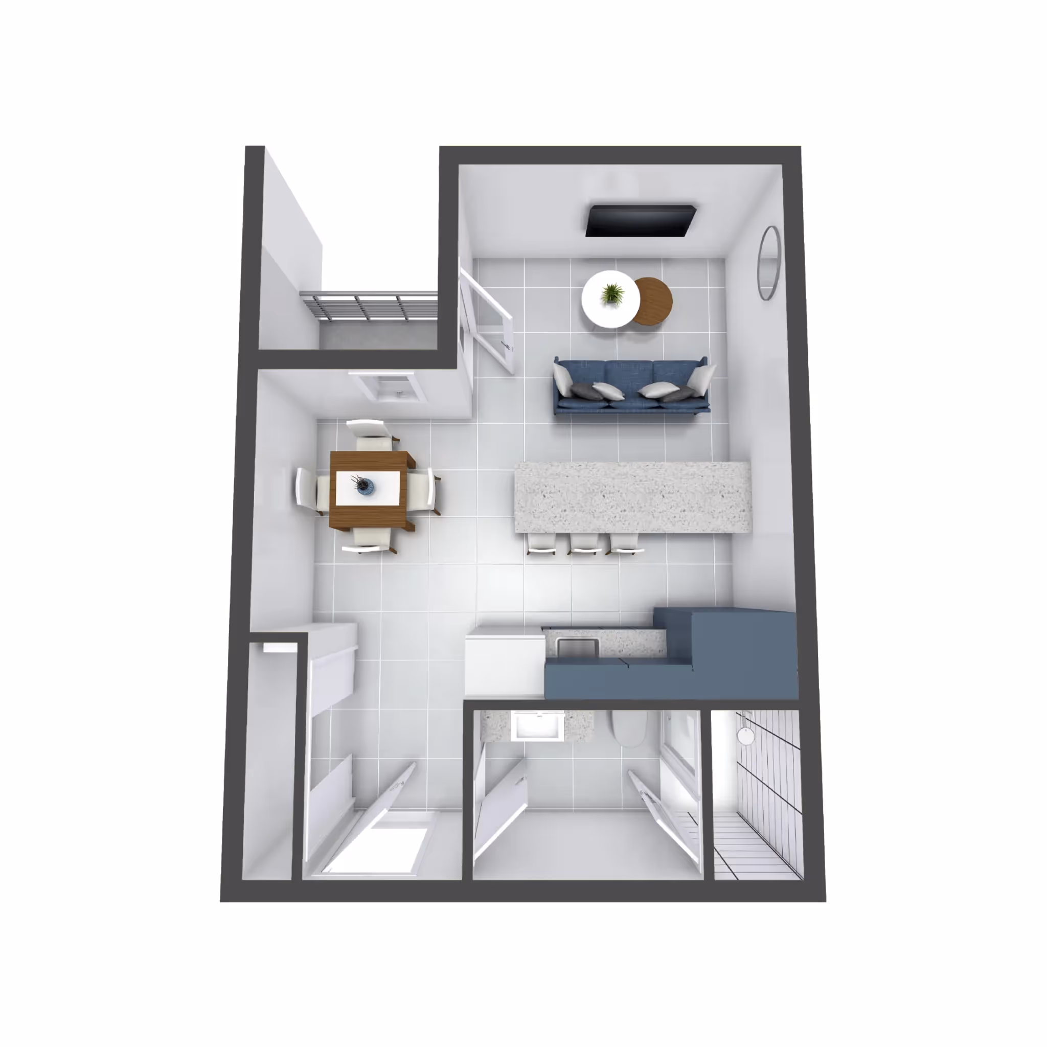 Studio apartment floor plan, Studio C, at aQui355 in Salt Lake City, UT, featuring a distinct dining area, kitchen island, and open living/sleeping space.