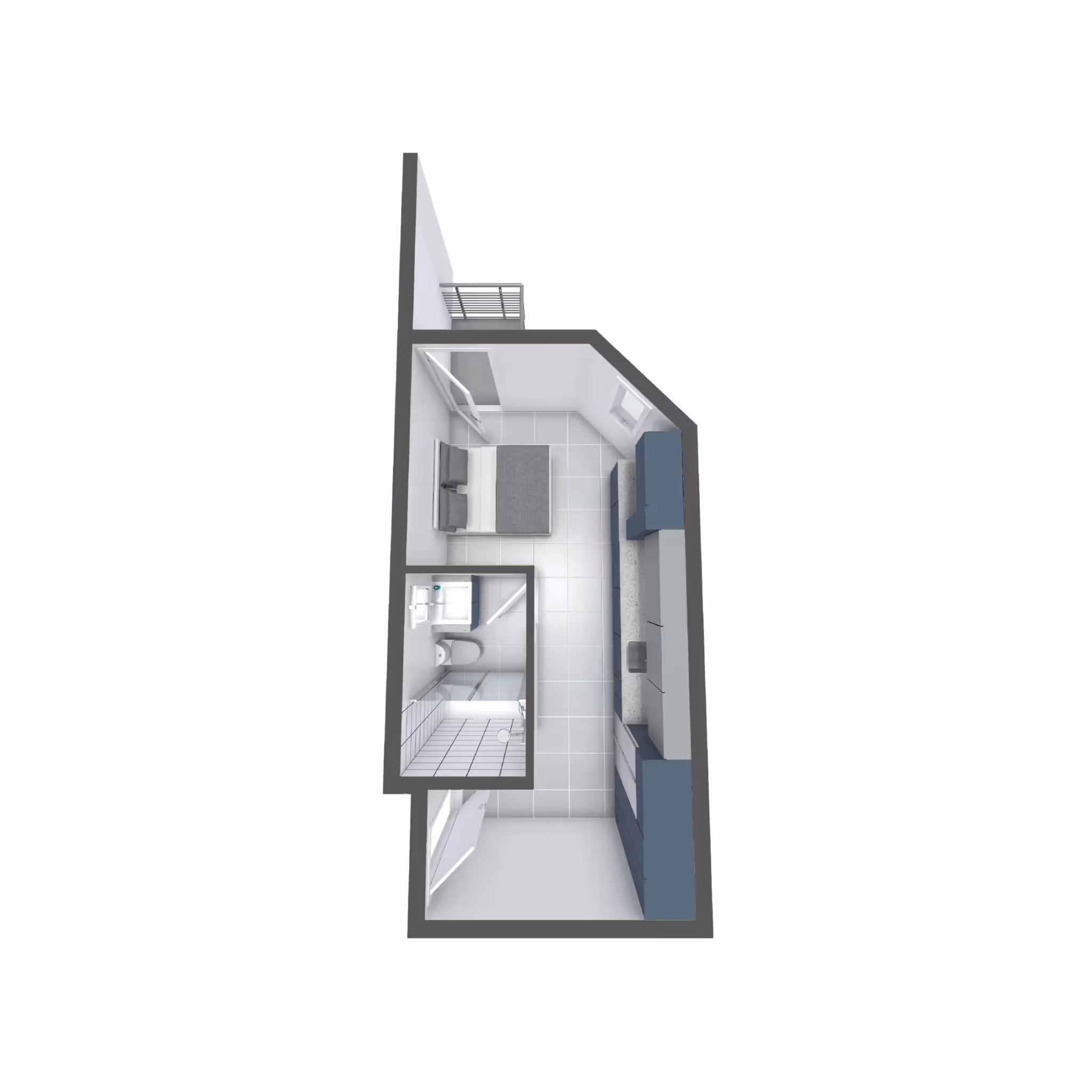 Compact studio apartment floor plan, Studio D, at aQui355 in Salt Lake City, UT, with a linear layout for kitchen, living, sleeping, and bath areas.