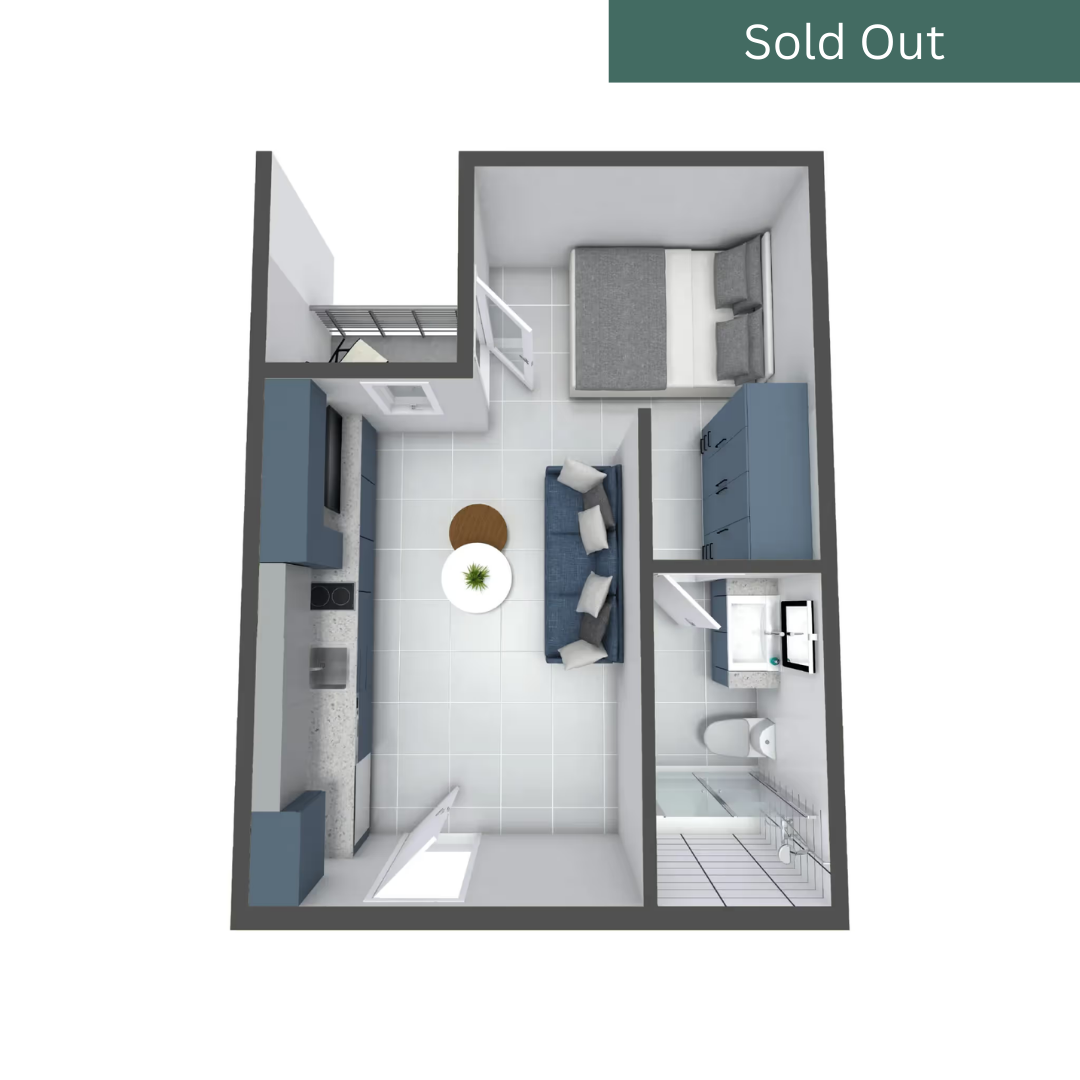 Studio apartment floor plan, Studio A, at aQui355 in Salt Lake City, UT, detailing kitchen, living space, bedroom area, and bathroom layout.