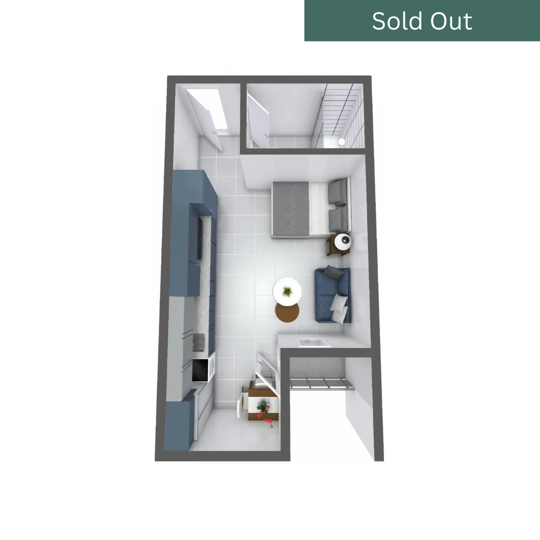 Studio apartment floor plan, Studio B, at aQui355 in Salt Lake City, UT, highlighting an open-concept design with integrated kitchen, living, and sleeping zones.