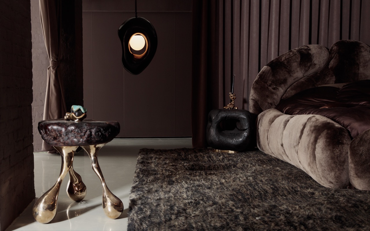 Rogan Gregory Elysian Dream, 2024, side table, pendant lamp and bed