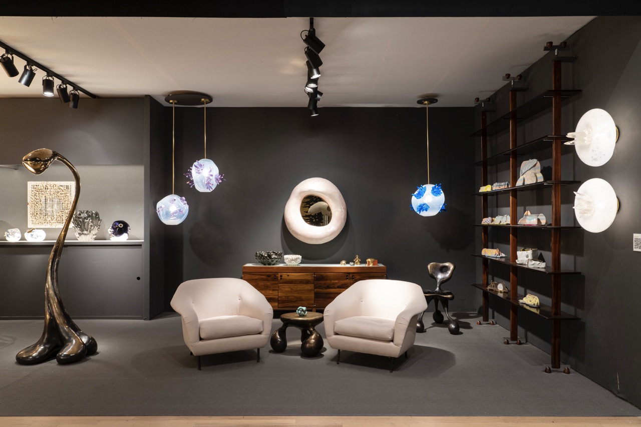 Rogan Gregory Salon, 2022, floor lamp, pendants and armchairs