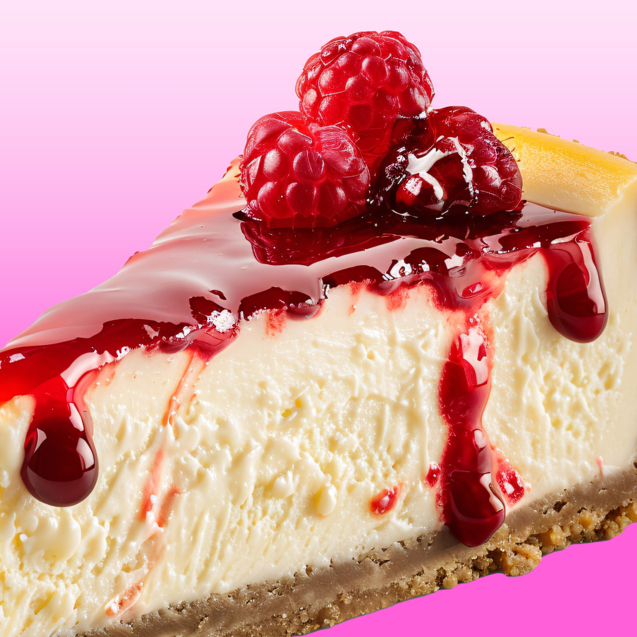 Image of cheesecake with raspberry sauce and raspberries on top