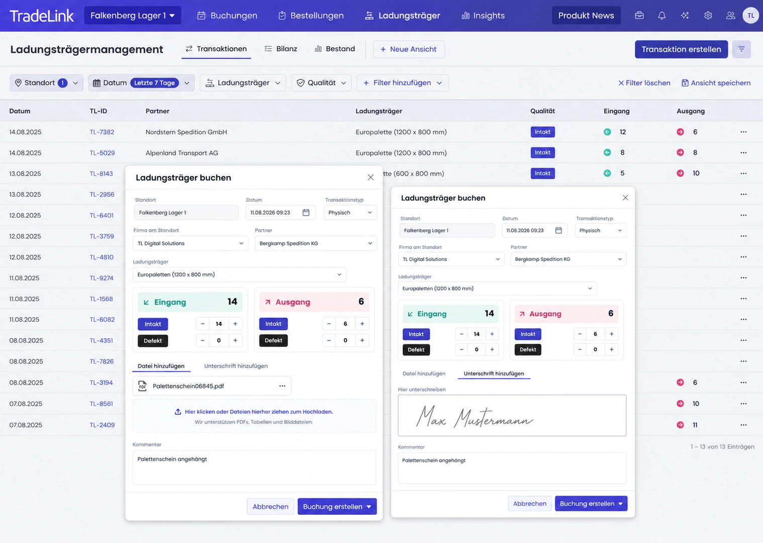 User interface for load carrier management showing a booking form with incoming, outgoing, and signature fields.