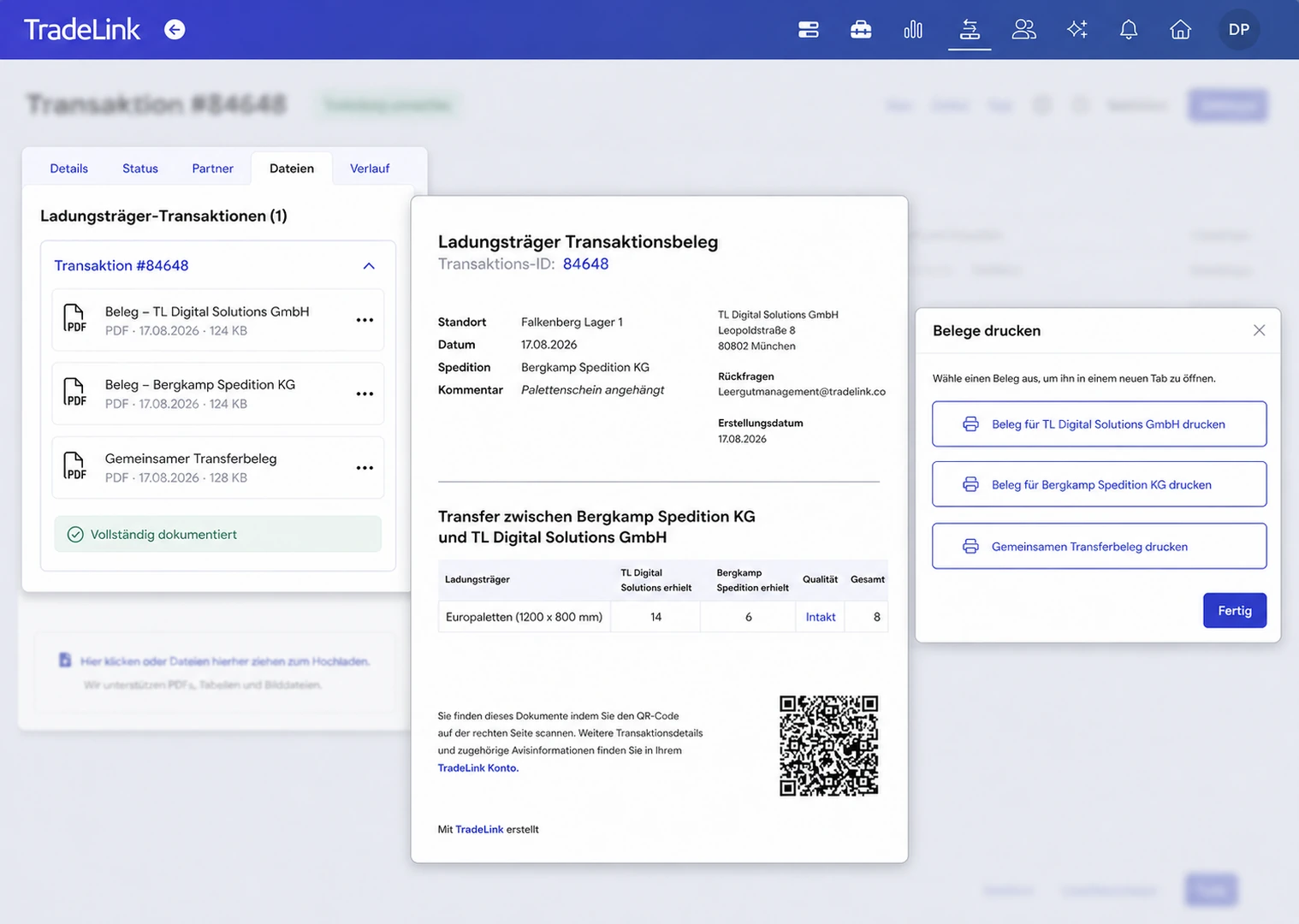 TradeLink screen showing a load carrier transaction receipt and print options for digital and freight documents.