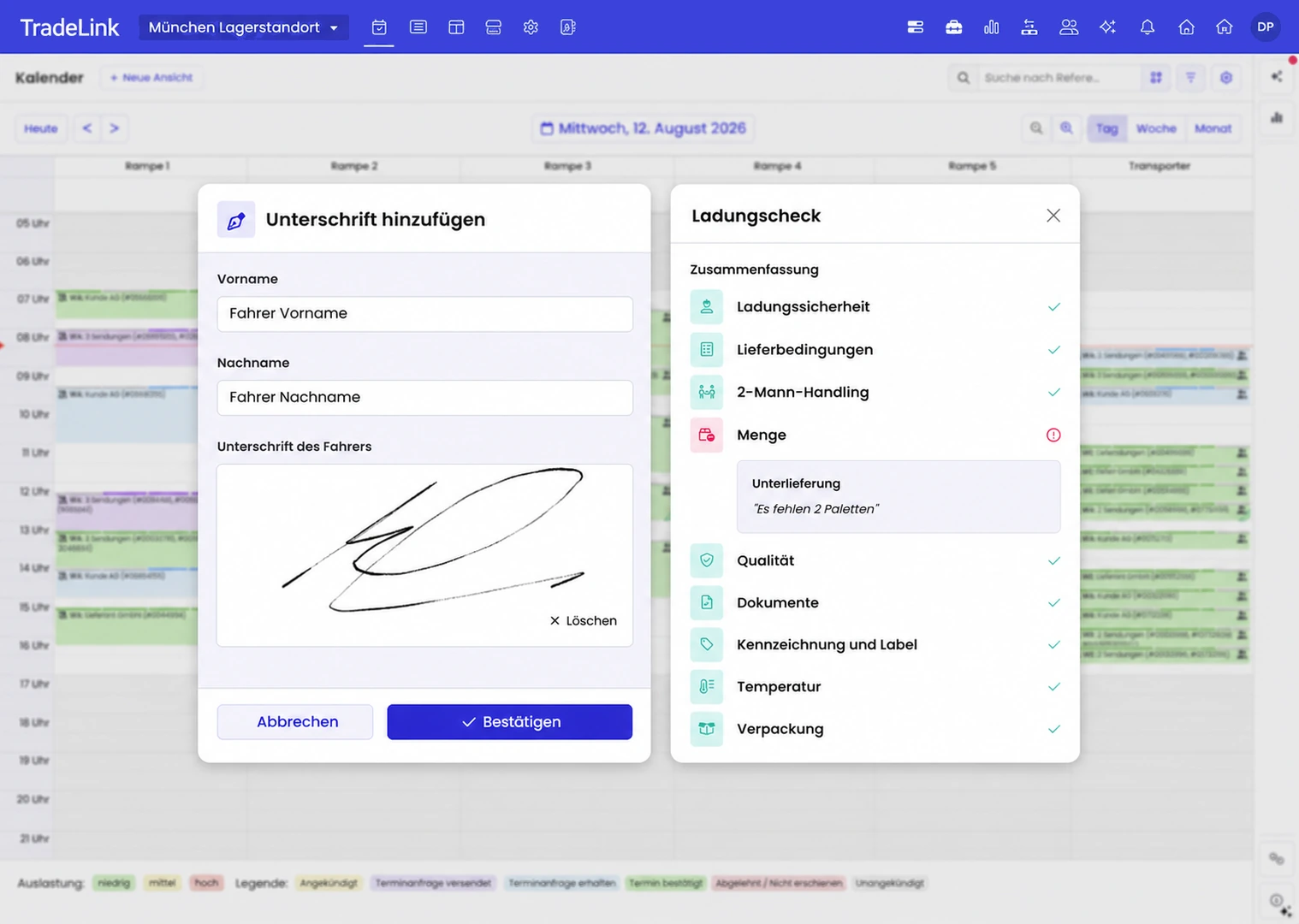 TradeLink Ladungscheck: Zusammenfassung mit digitaler Fahrerunterschrift