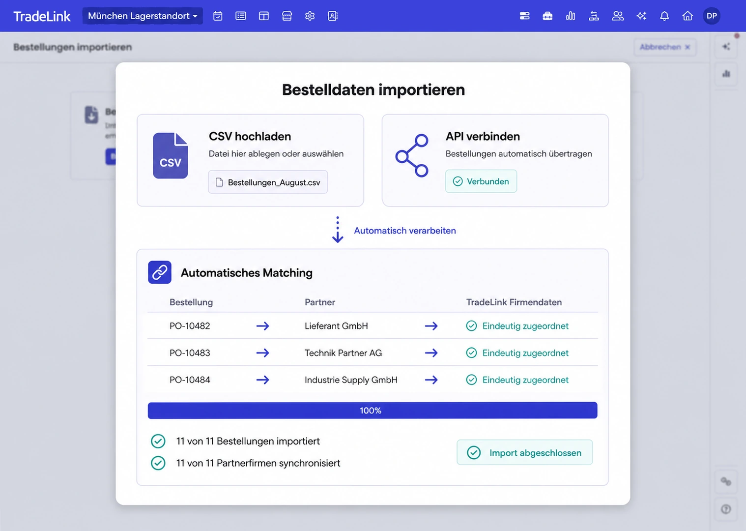 TradeLink Bestelldaten-Import per CSV oder API mit automatischem Matching zu Buchungen