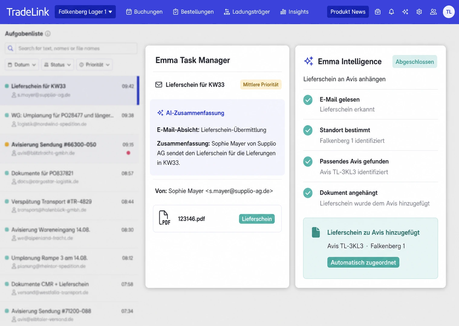Emma AI Task Manager in TradeLink: Aufgabenliste mit KI-Verarbeitungsschritten