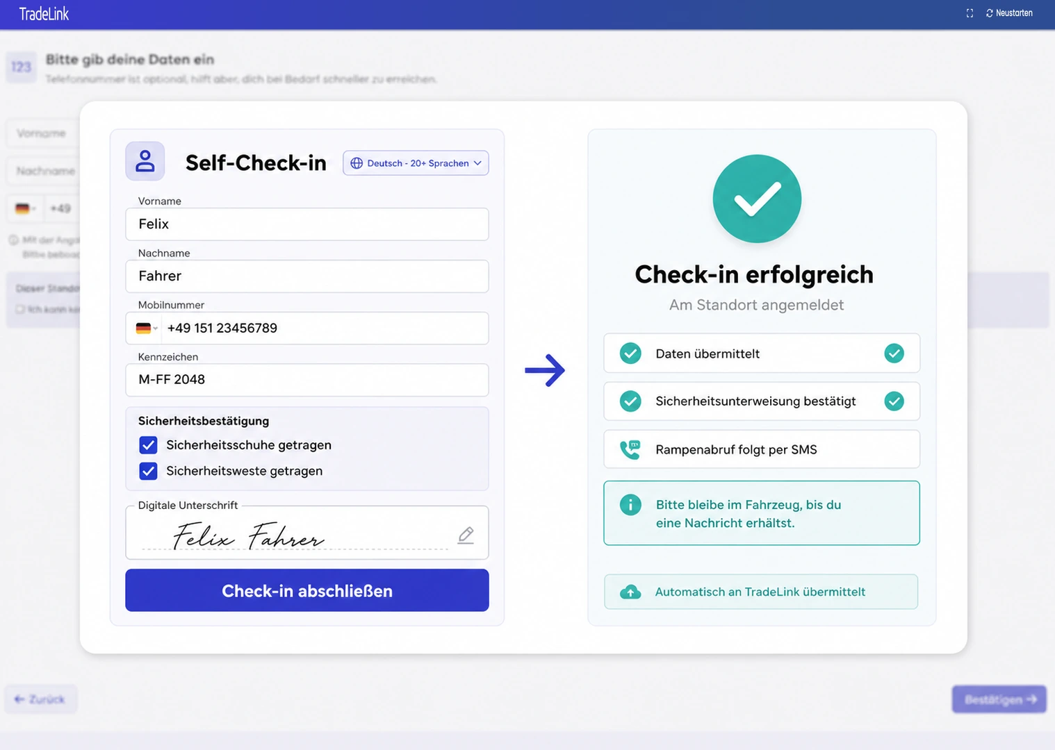 TradeLink Self-Check-in: Bestätigung für den Fahrer nach erfolgreichem Check-in am Terminal