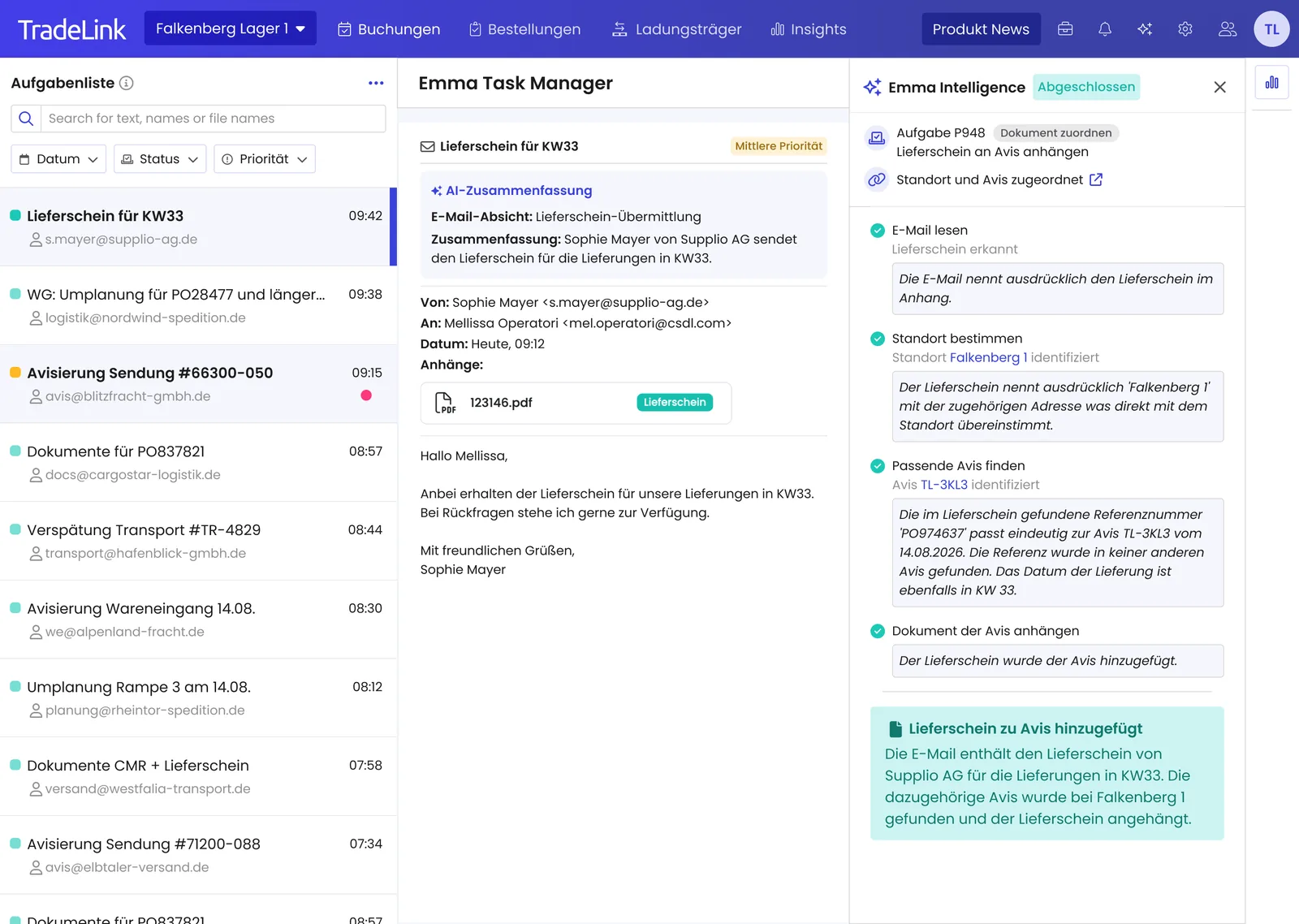 Emma Task Manager: AI agent automatically assigns the delivery note to the matching advice
