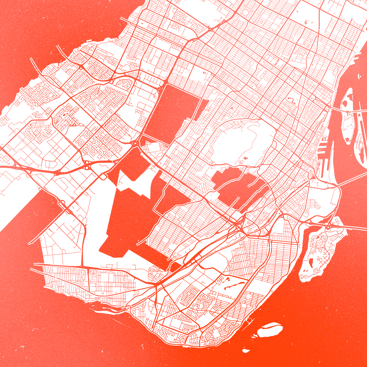 Orange and white stylized map showing detailed city streets, highways, parks, and water areas.