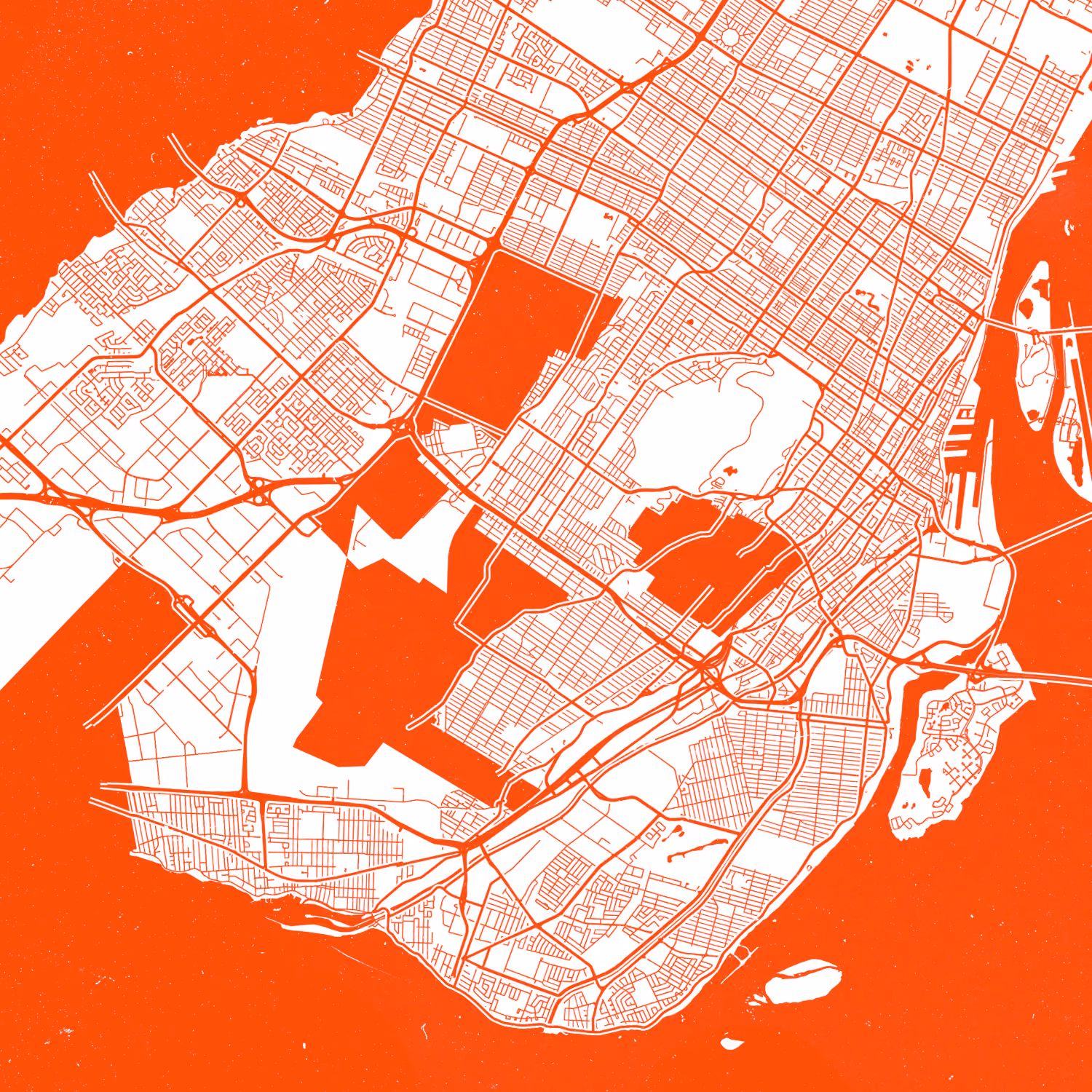 Stylized orange and white street map showing a detailed urban layout with roads, blocks, and waterways.