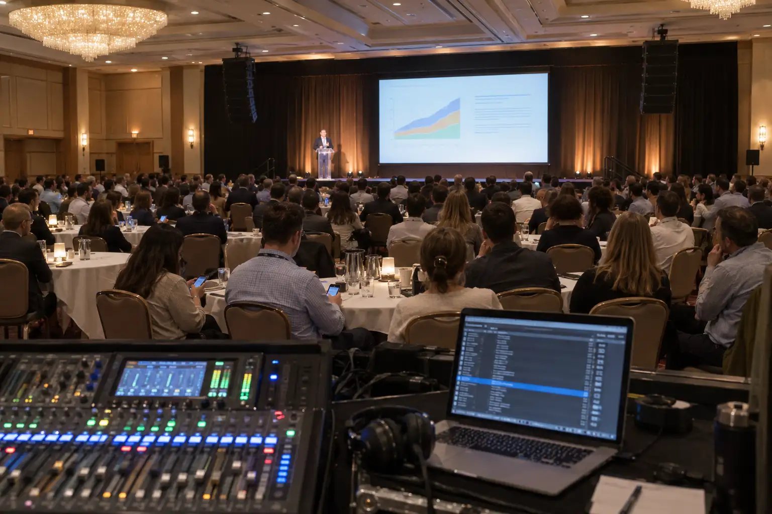 Speaker on stage in an Austin hotel ballroom with projection screens and an audience at round tables