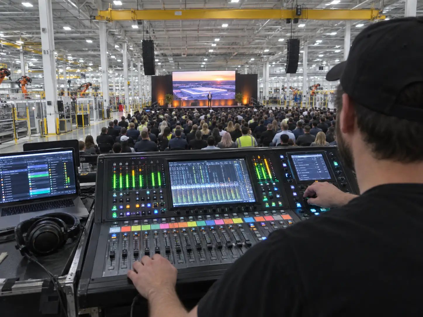 Front-of-house mixing desk and laptops running a corporate presentation at an event in Austin