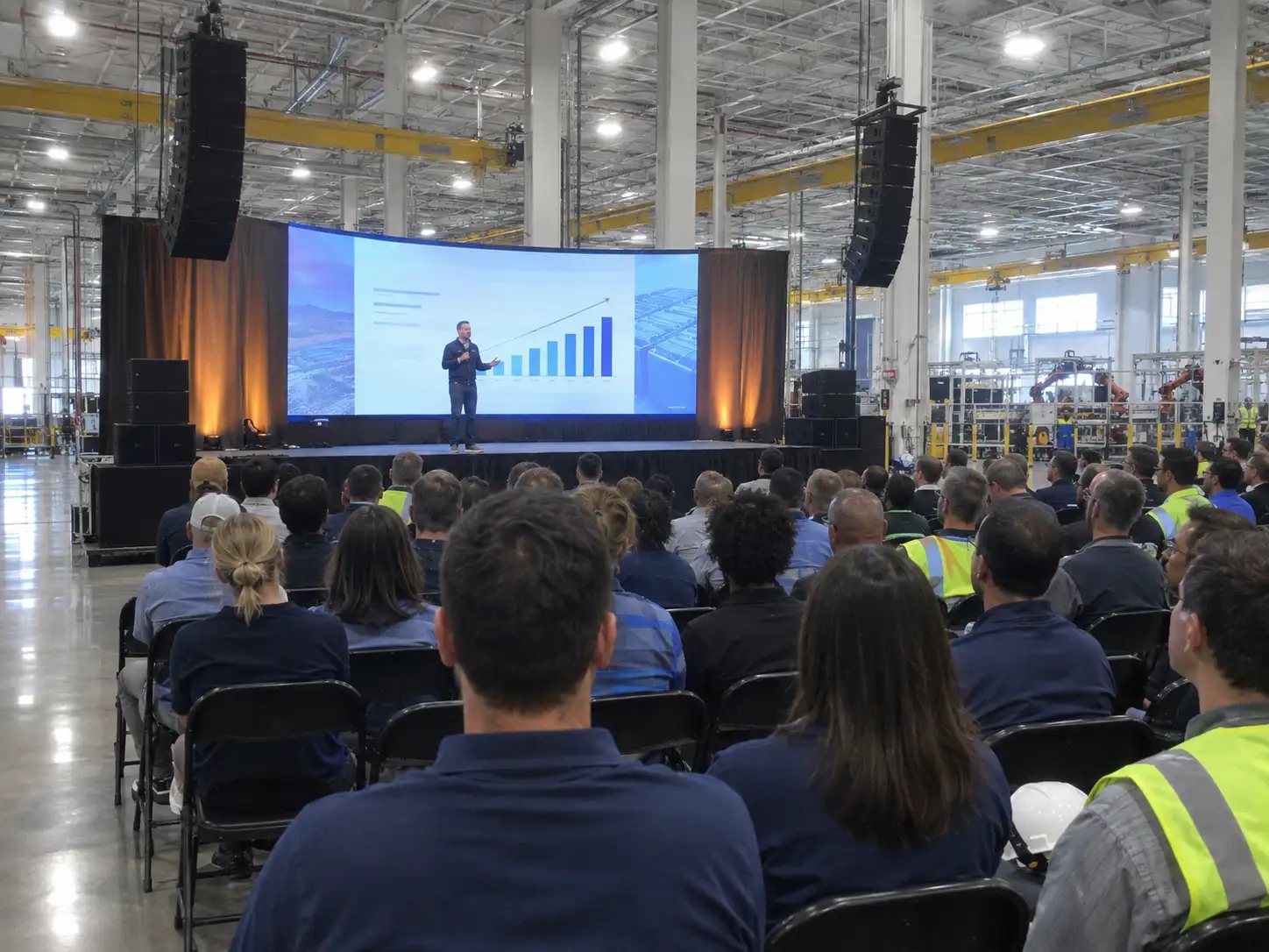 Town hall on a manufacturing plant floor with a stage, line array speakers and large screens