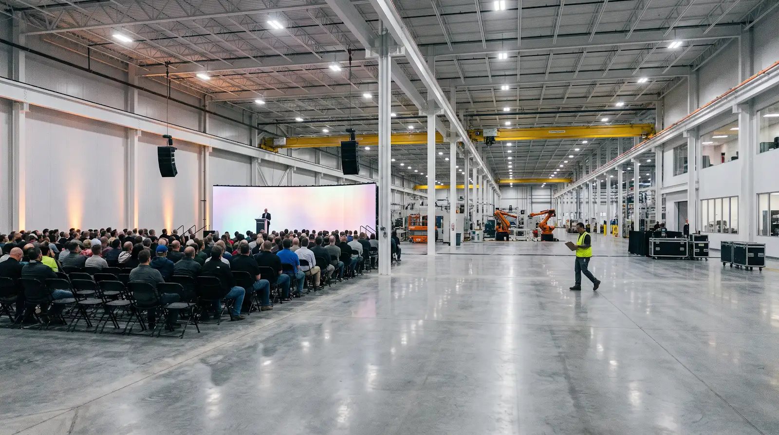 All-hands meeting in a large warehouse with a stage, screens and audience on the floor