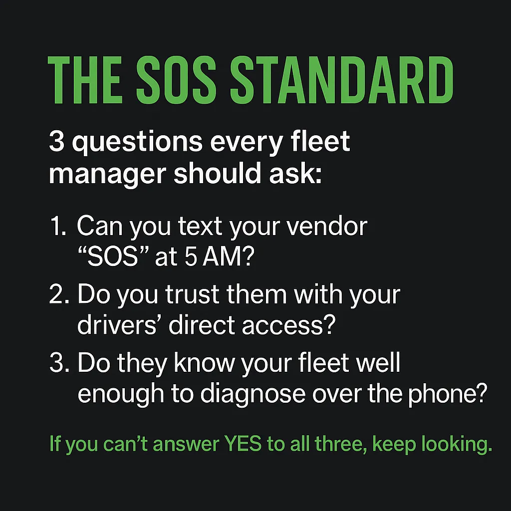 The SOS Standard infographic: 3 questions every fleet manager should ask - Can you text your vendor SOS at 5 AM, do you trust them with drivers' direct access, do they know your fleet well enough to diagnose over the phone