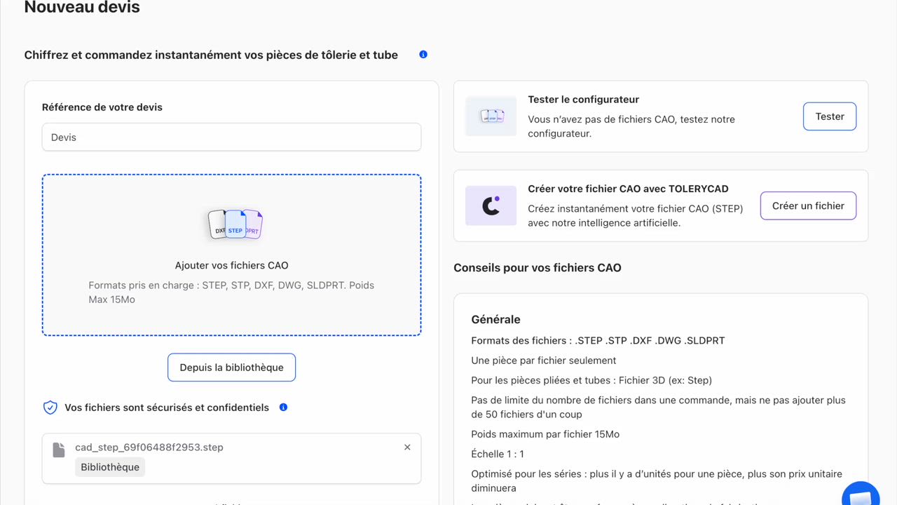 Interface du devis instantané Tolery : import des fichiers CAO et paramétrage