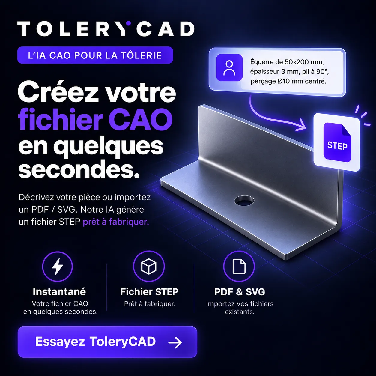 Équerre en tôle générée par ToleryCAD à partir d'une description et exportée en fichier STEP